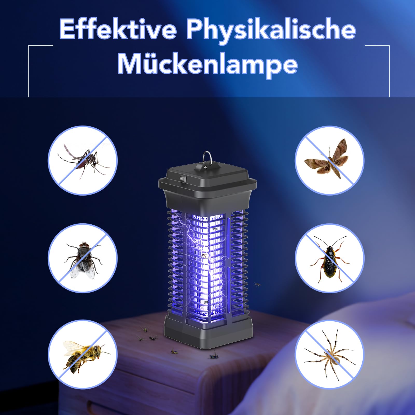 Insektenvernichter Elektrisch, 365 nm UV Licht Mückenlampe mit 1000V Elektroschock, Chemiefrei Fliegenfalle für Innen & Außen, Effektive Moskitoschutz Lampe für Schlafzimmer, Küche, Wohnzimmer