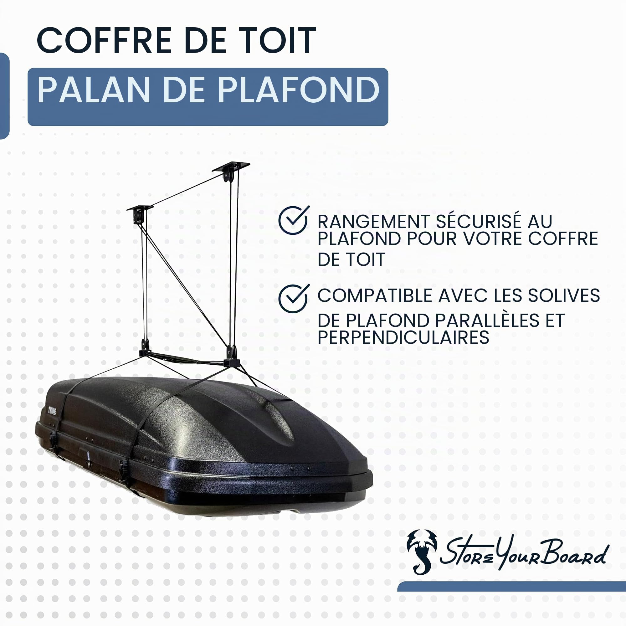 StoreYourBoard Palan de plafond robuste pour boîte de chargement – Système de levage de poulie de garage convient aux plafonds de 2,4 à 3 m
