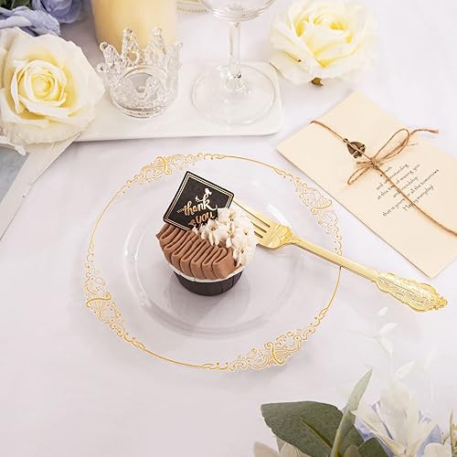 Miniatura 3 de Morejoy 200 platos desechables de plástico dorado de 10.25 pulgadas y 7.5 pulgadas, platos de postre transparentes y dorados, platos de plástico