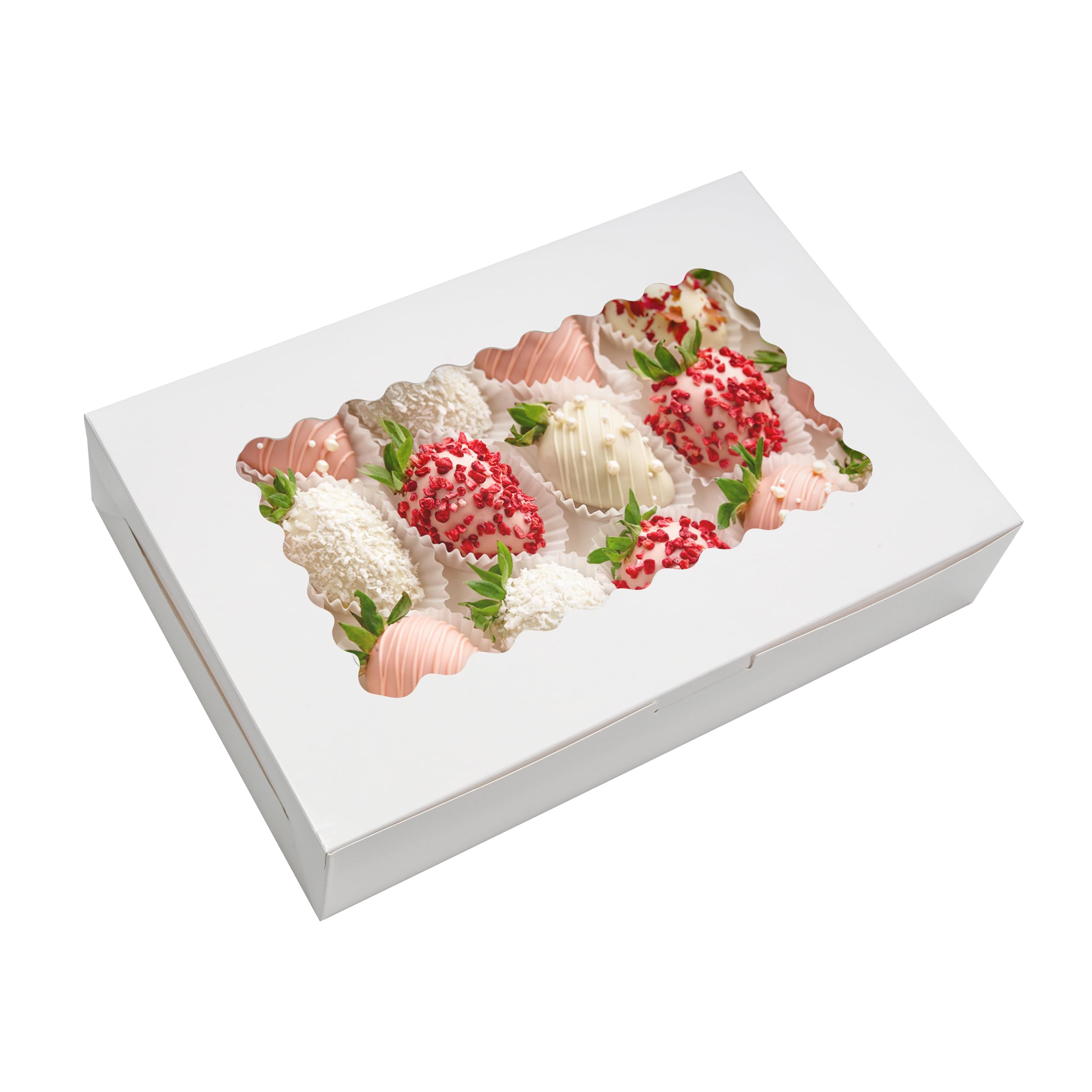 NPLUX Paquete de 15 cajas de galletas de 12 x 8 x 2.5 pulgadas, cajas de panadería con ventana para embalaje de galletas, cajas de postre para fresas cubiertas de chocolate, donas, bombas de cacao