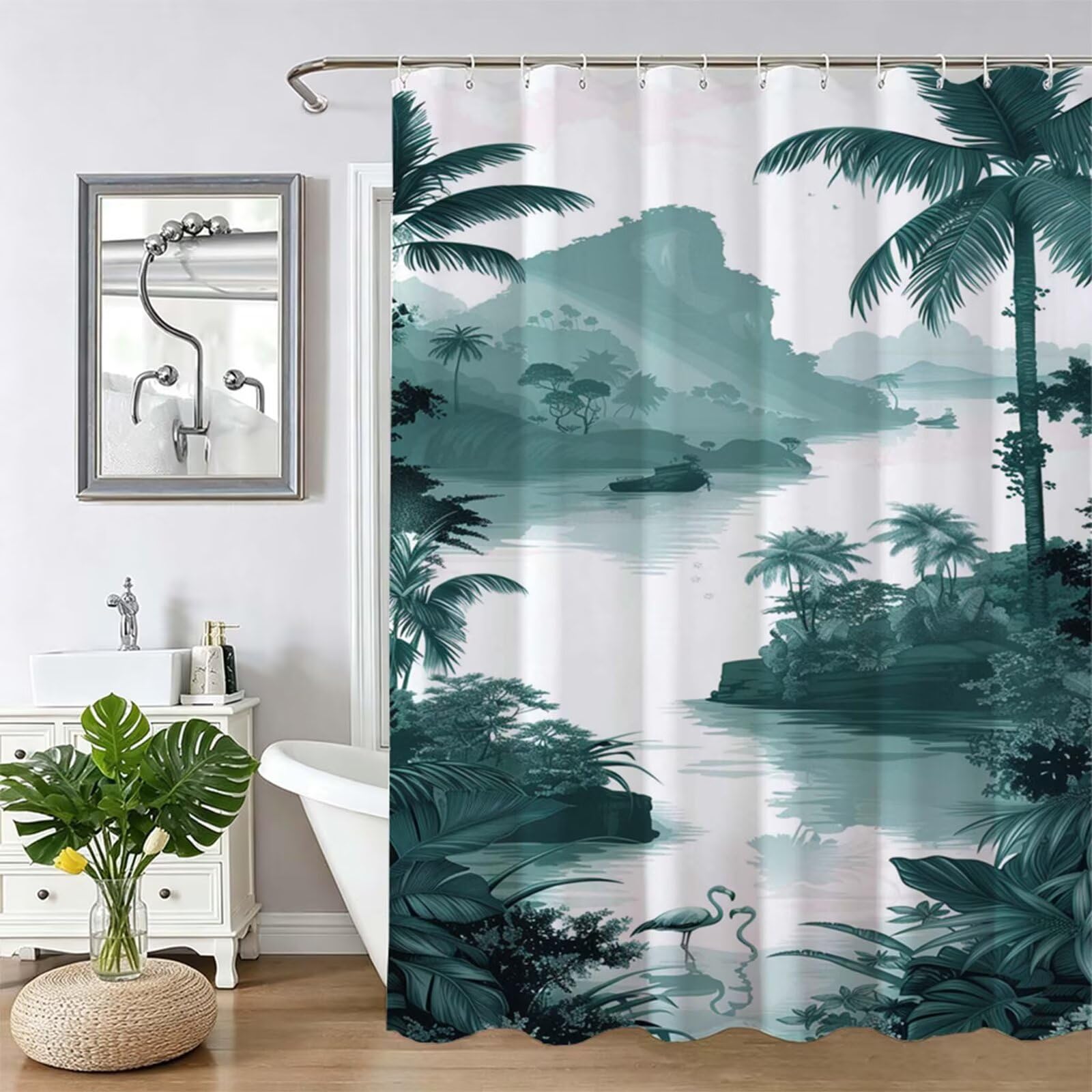 Tenda da Doccia Verde scuro paesaggio,Tenda Doccia 230x180cm,Shower Curtain Lavabile in Lavatrice con Orlo Ponderato 12 Ganci,Impermeabile Tende Vasca da Bagno Lavabile Poliestere per Salle Bain Z-423