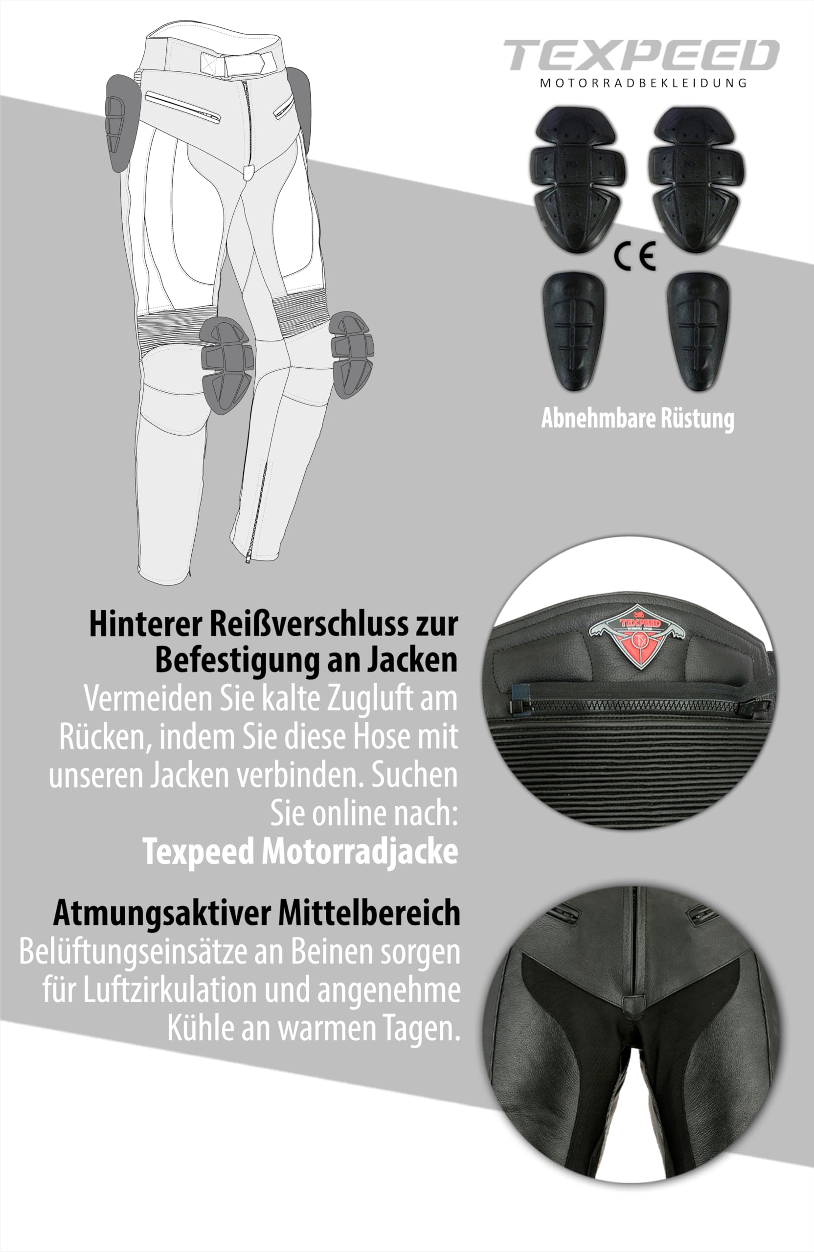 Texpeed motorradhose leder herren mit protektoren - Schwarz Vollnarbiges Lederhose echtleder mit rüstung (EN 1621-1) Biker gepanzerte