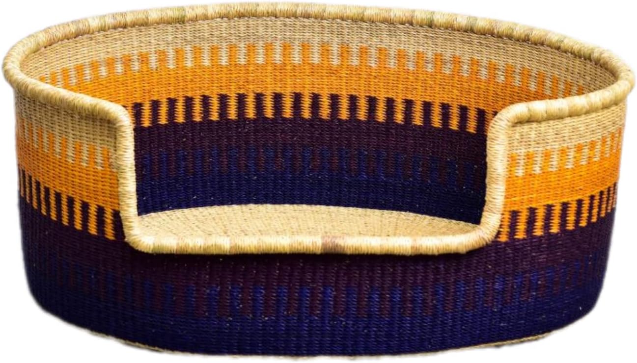 Colorful Woven Pet Bed | African Bolga Dog Basket Handmade from Natural Straw | Decorative Pet Furniture with Mattress for Stylish Home Décor