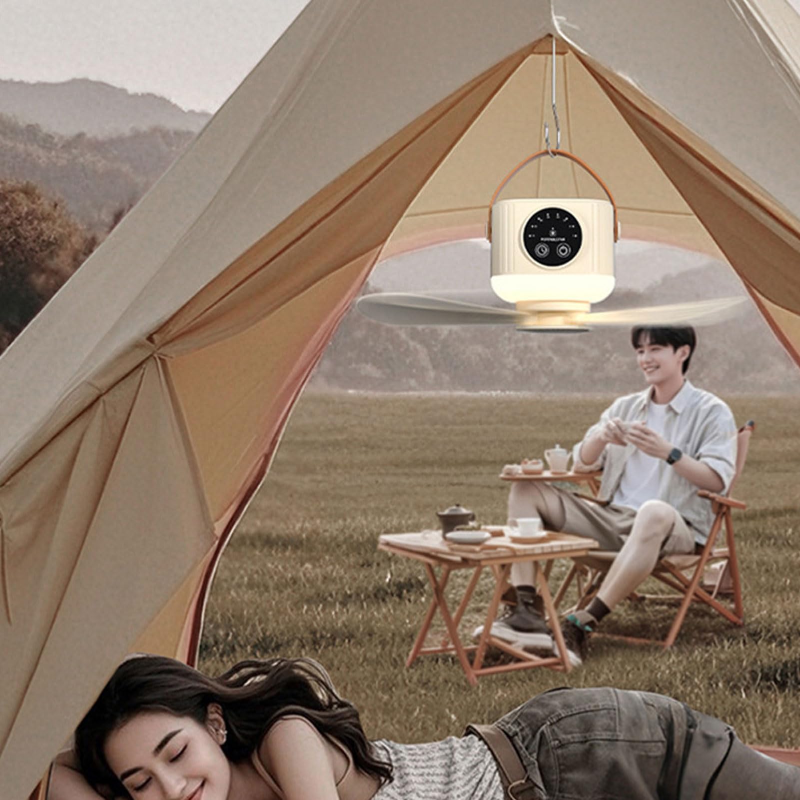 Asixxsix Camping -Lüfter mit LED -Laterne, 3600 -mAh -Batterie USB -wiederaufladbarer Deckenventilator in Aromatherapie Box Tragbarer Hängeventilator für Zelt, Camping, Outdoor (Creme)