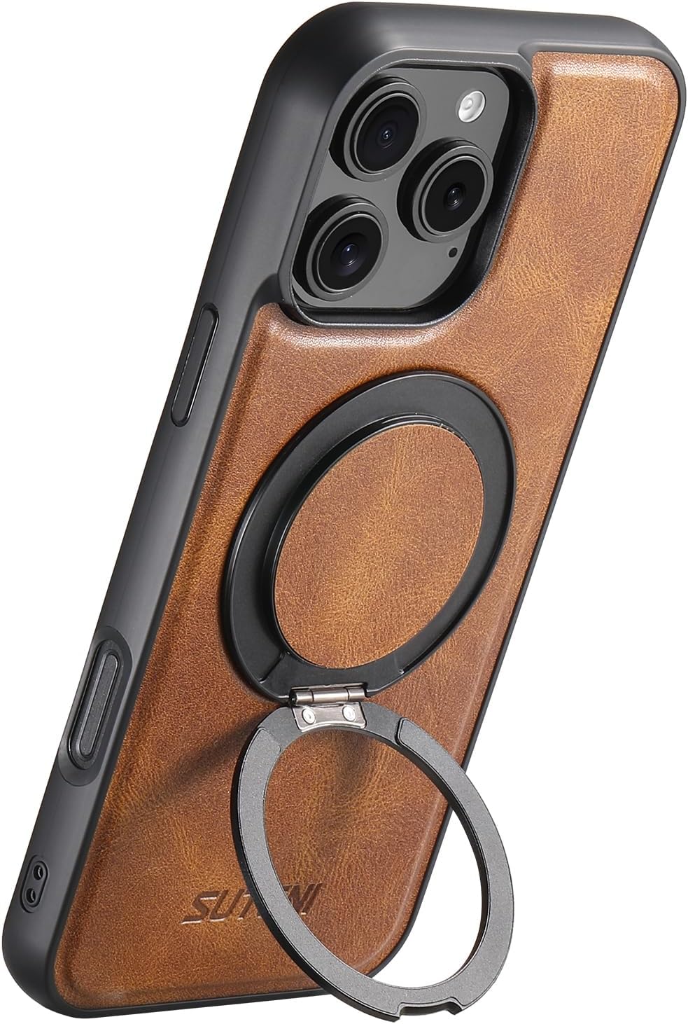 Built-in 360° Spin Magnetic Stand for iPhone 16 Pro Case, Fit for MagSafe, Military Grade Protective Leather Cover for Phone 16 Pro Caso with Invisible Kickstand Rotatable, Brown