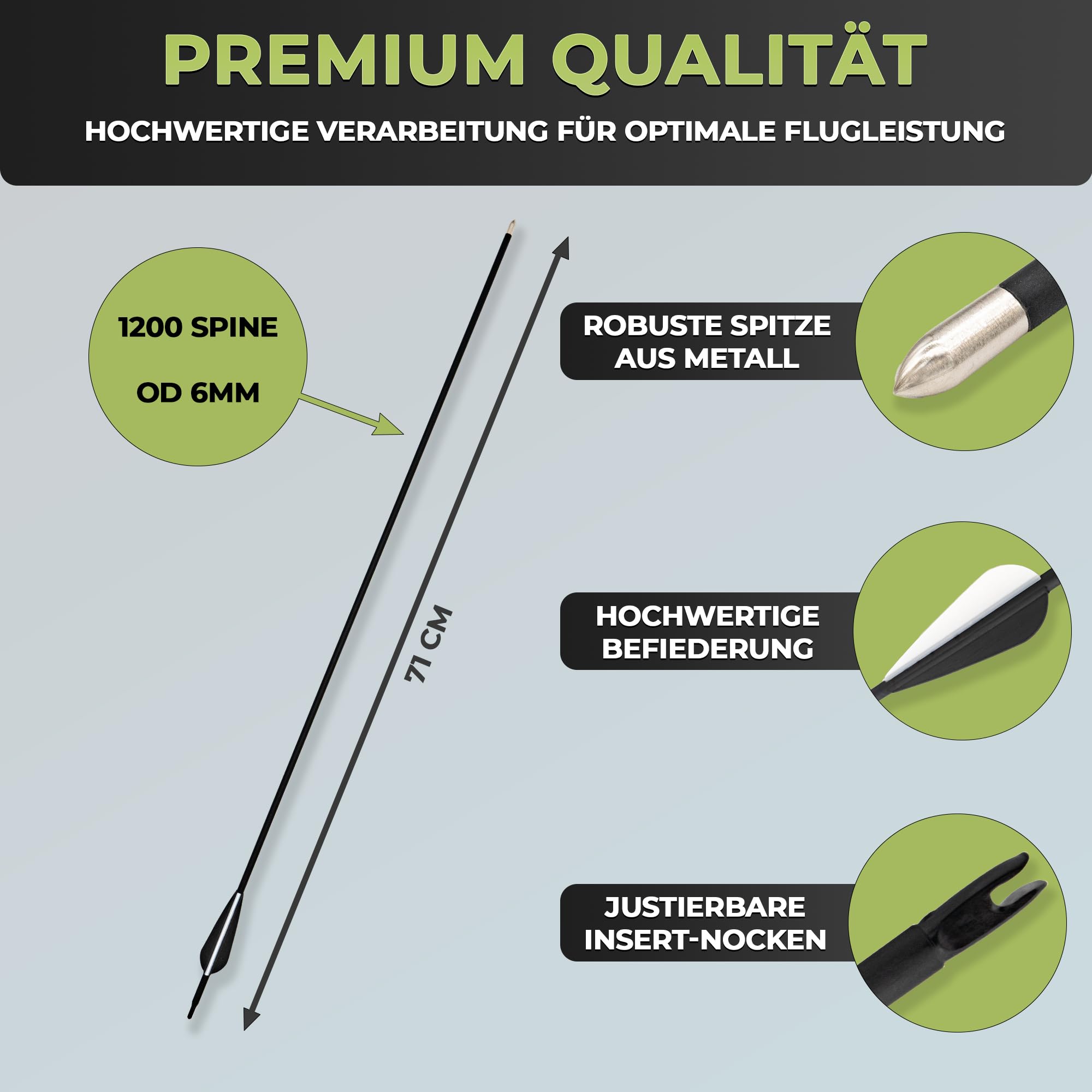BOWRILLA® 6er Pack Ersatzpfeile für Kinder und Einsteigerbögen bis 20 lbs | Pfeile für Bogenschießen Kinder, 1200 Spine, ID4.0mm, 3 Zoll Kunststoff Vanes und justierbaren Stecknocken
