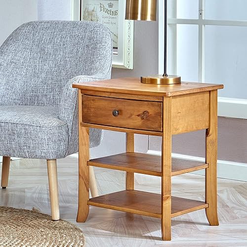 Miniatura 7 de MUSEHOMEINC Mesita de noche de 3 niveles de madera rústica con estante de almacenamiento y cajón para dormitorio o sala de estar, pomos redondos de