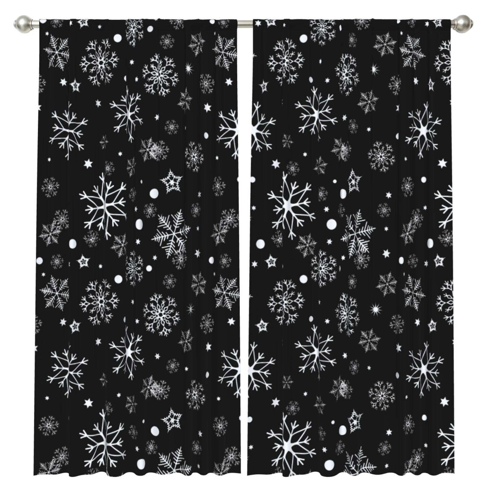 InOmak Christmas Snowflake Black Winter, 2 Panels Window Curtains 52 x 84 Inch Blackout Curtains for Living Room Bedroom