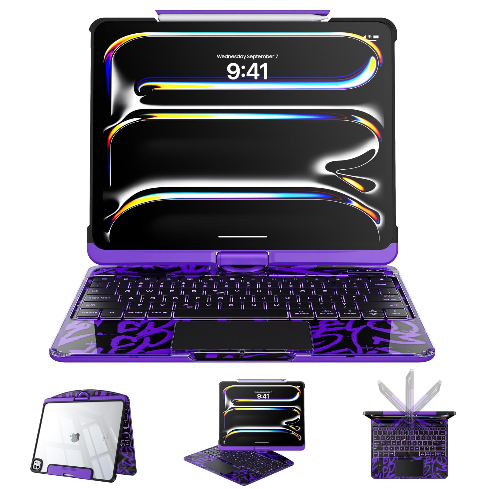 Clear Case with Keyboard for iPad Pro 11 Inch Case (M5/M4, 2025/2024), 360°+180° Rotating iPad Keyboard, LCD Display, Pencil Holder, 7-Color Backlit, Multi-Touch Trackpad, Purple