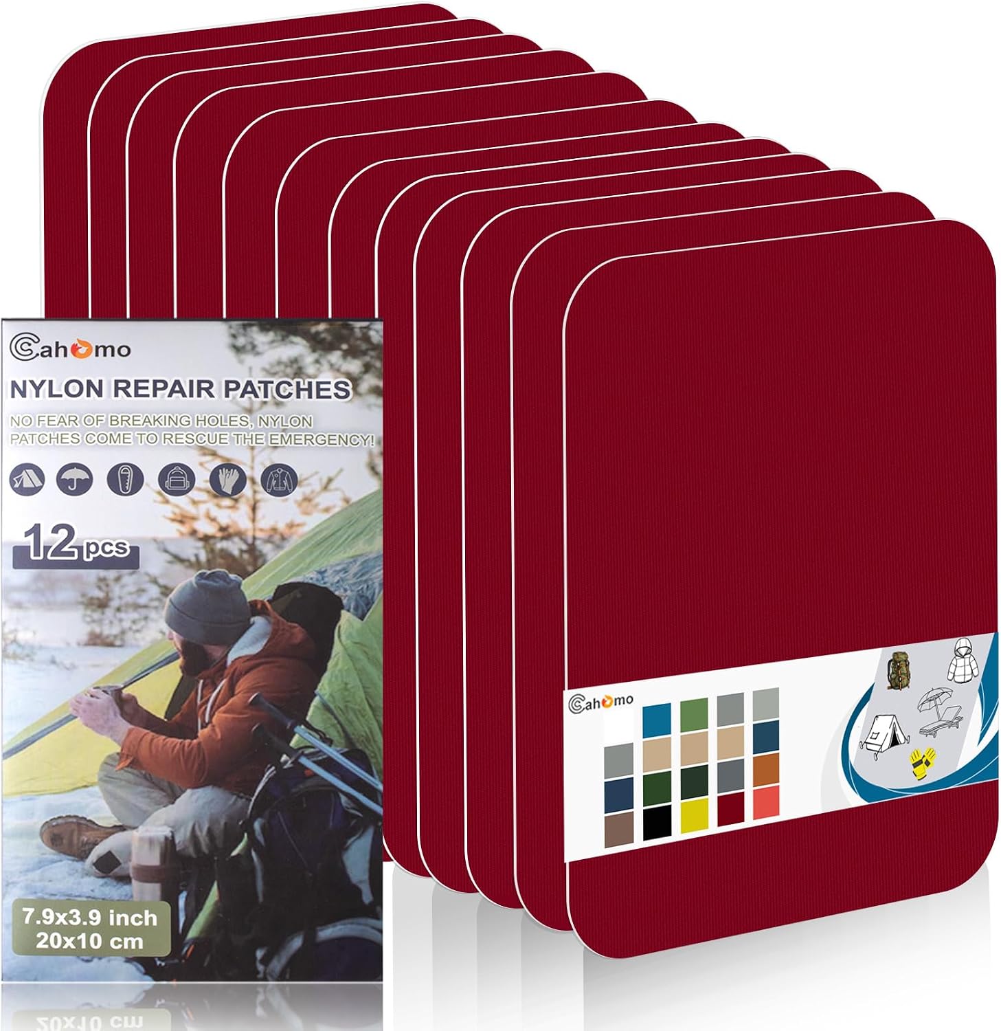 7.9x3.9 inch 12 PCS Nylon Repair Patch Nylon Repair Tape Self Adhesive Fabric Tapes Outdoor Camping Gear Fabric kit for Tent, Umbrella, Down Jackets, Sleeping Bag, Knapsack（Red）