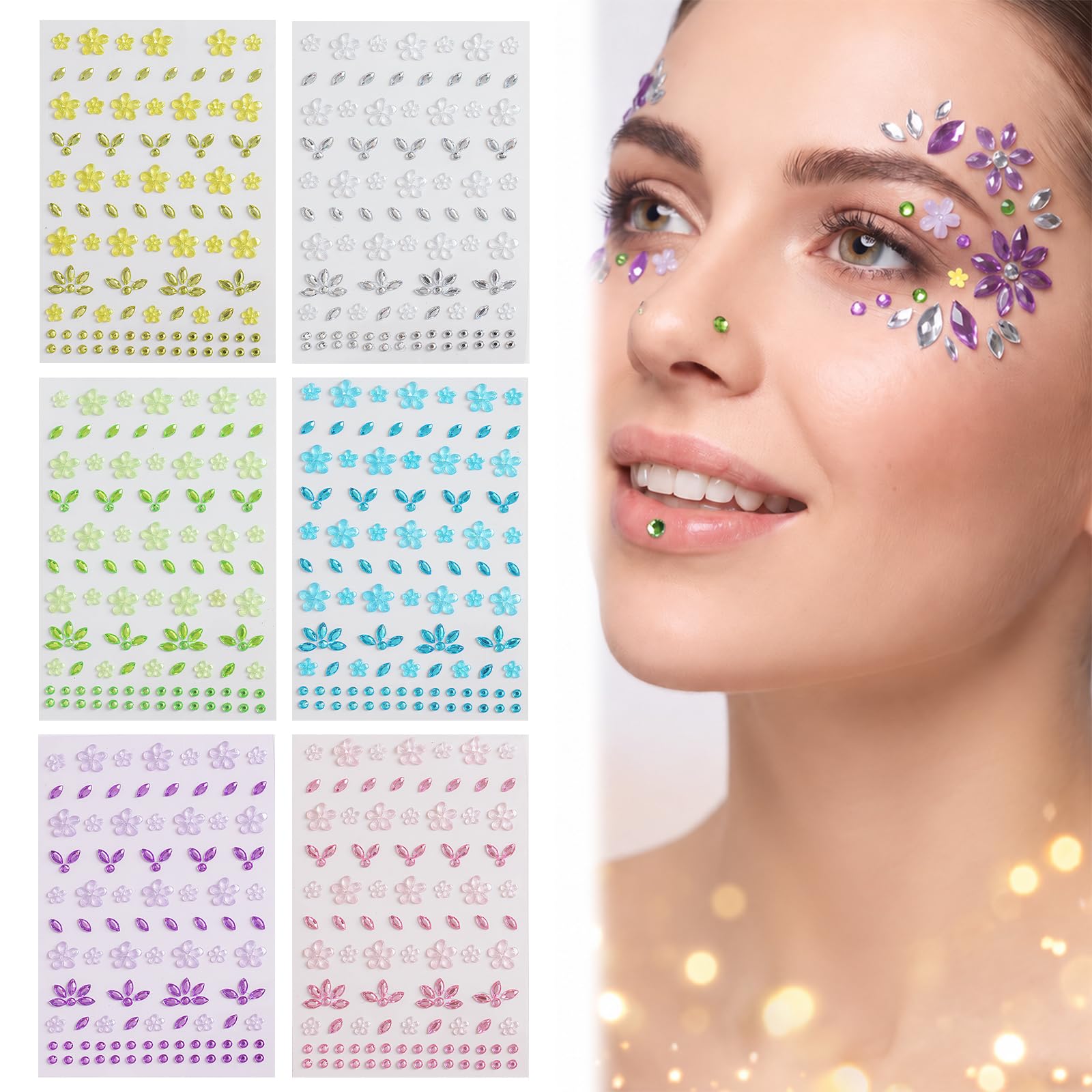 Muwaloe 6 Sheets Face Gems Stickers, Flower Leaf Butterfly Colour Designs