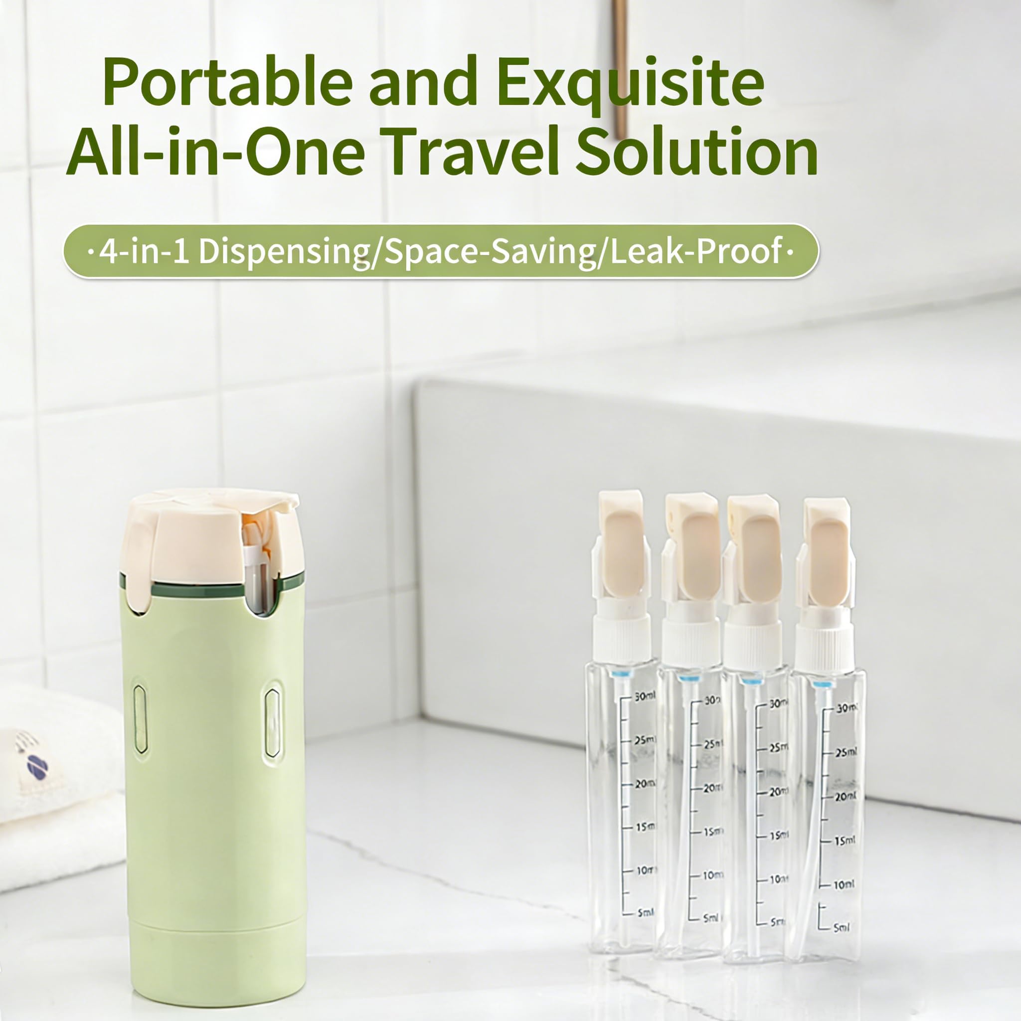 4-in-1Travel Dispenser Bottles Set, Refillable Leak Proof Squeeze Bottles with Label and Scale for Toiletries, Portable Travel Containers for Shampoo Lotion Conditioner Cream (Green) - 4