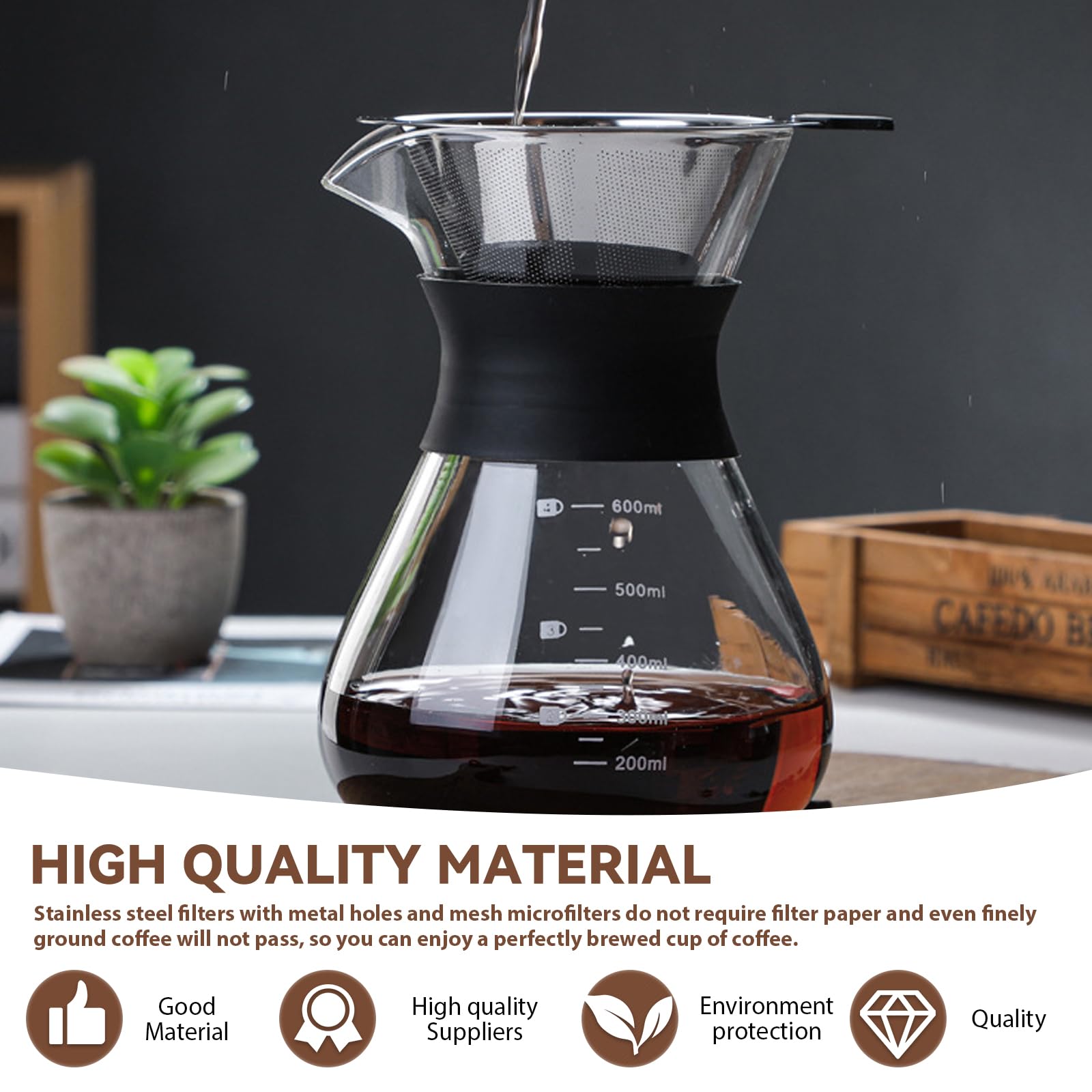 Pour Over Kaffeebereiter, 600ml Kaffeebrüher für Filterkaffee, Hand Kaffee Edelstahl Handfilter Aus Glas Mit Permanentfilter, Manueller Drip Kaffeebereiter, Für Zuhause, Café, Restaurant, Camping
