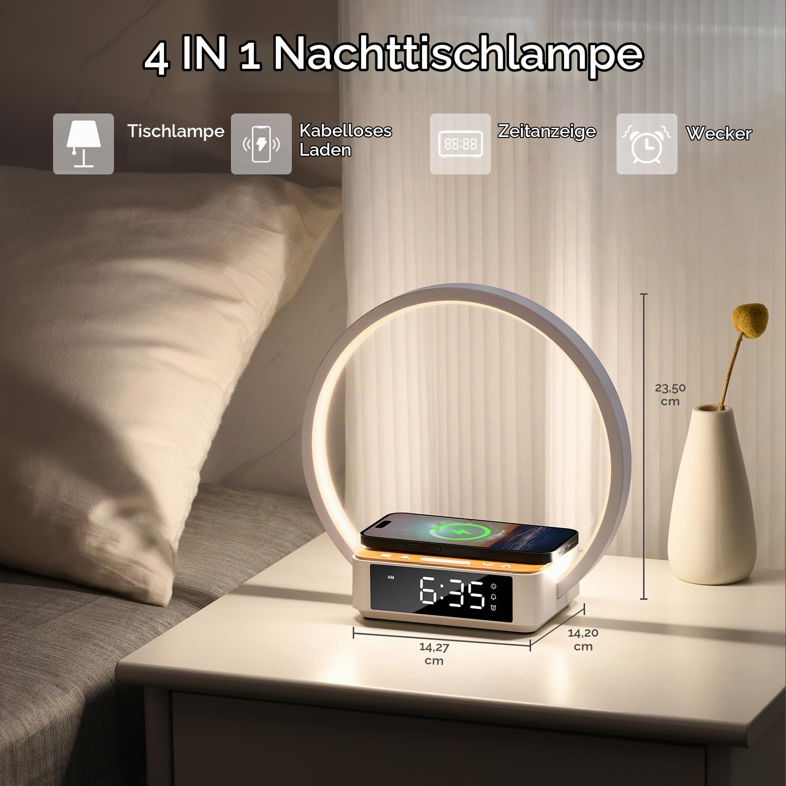WILIT LED Nachttischlampe mit Kabelloser Ladefunktion, Lichtwecker Tischlampe Touch Dimmbar mit 3 Helligkeitsstufen, Warmes Nachtlicht mit 5W Wireless Charger für Schlafzimmer, Holz&Weiß