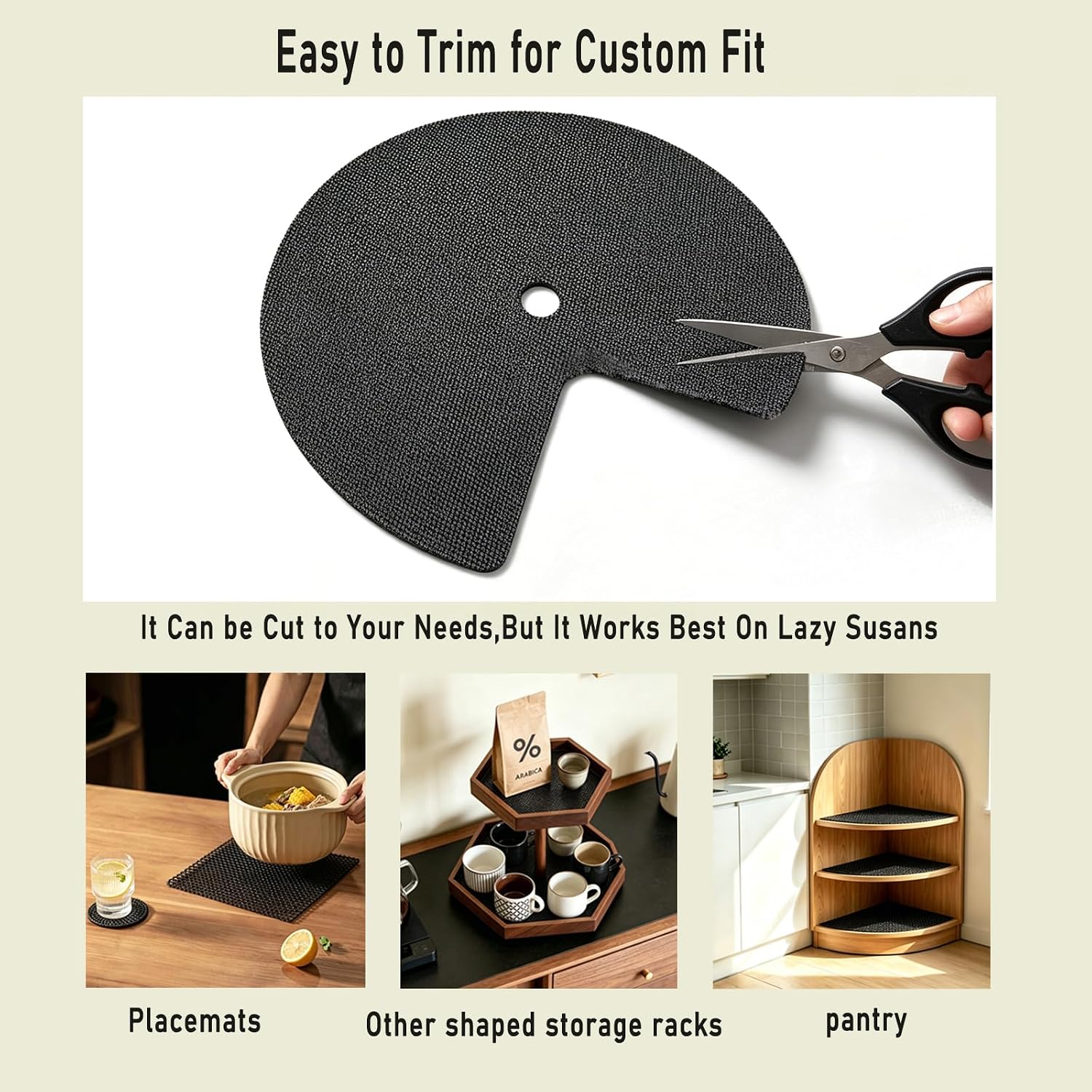 2 Pack 26 Inch Lazy Susan Shelf Liner, Non Adhesive Non Slip Composite Circle Mat for Kitchen Cabinet Corner Shelf Fridge Refrigerator Drawer Pantry Sink, Easy to Clean, Black