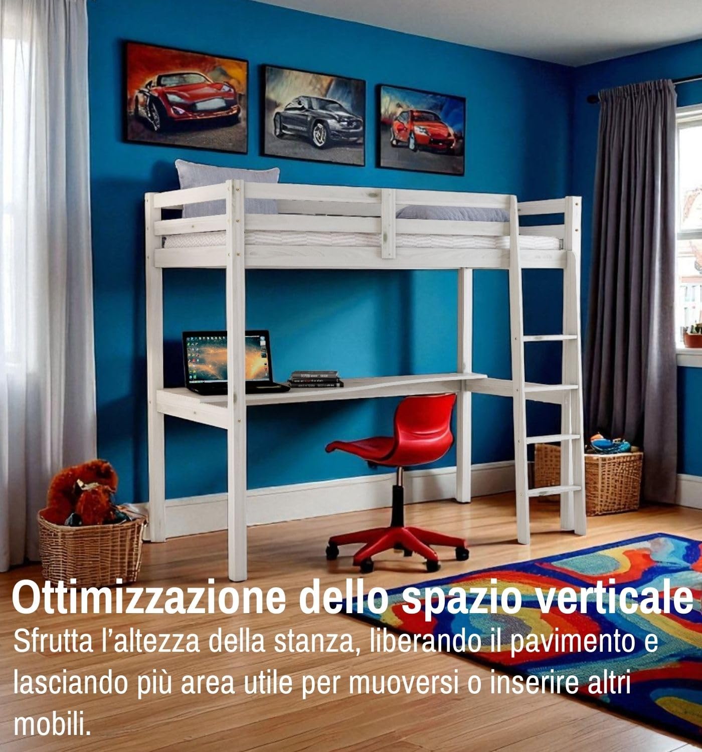 Arredo Stock Letto singolo a soppalco con scrivania inclusa, 90x190x176 cm (Bianco naturale)