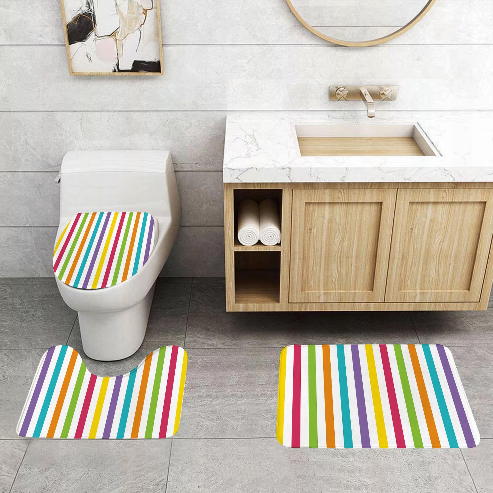Set di 3 tappetini da Bagno, Lavabili in Lavatrice e Antiscivolo, in Morbida Fibra Superfine, con Un Design Minimalista Arcobaleno e Vari Colori Vivaci.