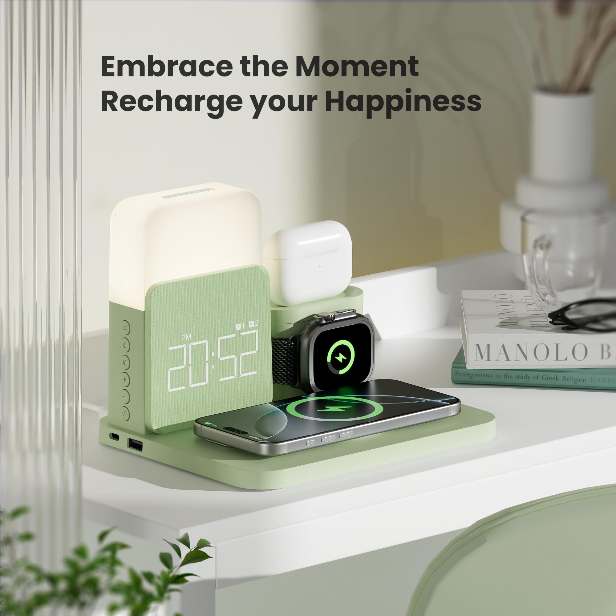 Station de charge 3 en 1 pour iPhone, réveil, veilleuse, chargeur sans fil pour iPhone 15 14 13 12 11 X Pro Max et Apple Watch – Station de charge pour AirPods