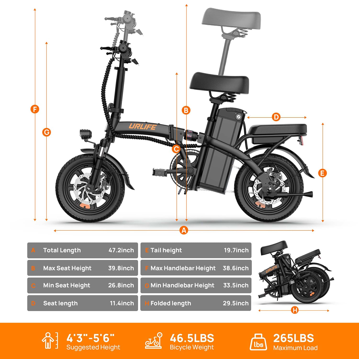URLIFE Folding Electric Bike for Adults, 14" Portable Commuter ebikes, 20-40 Mile Long Range, 500W Peak Motor, 20MPH, Removable 48V Battery, UL Certified Mini Bikes for Teens