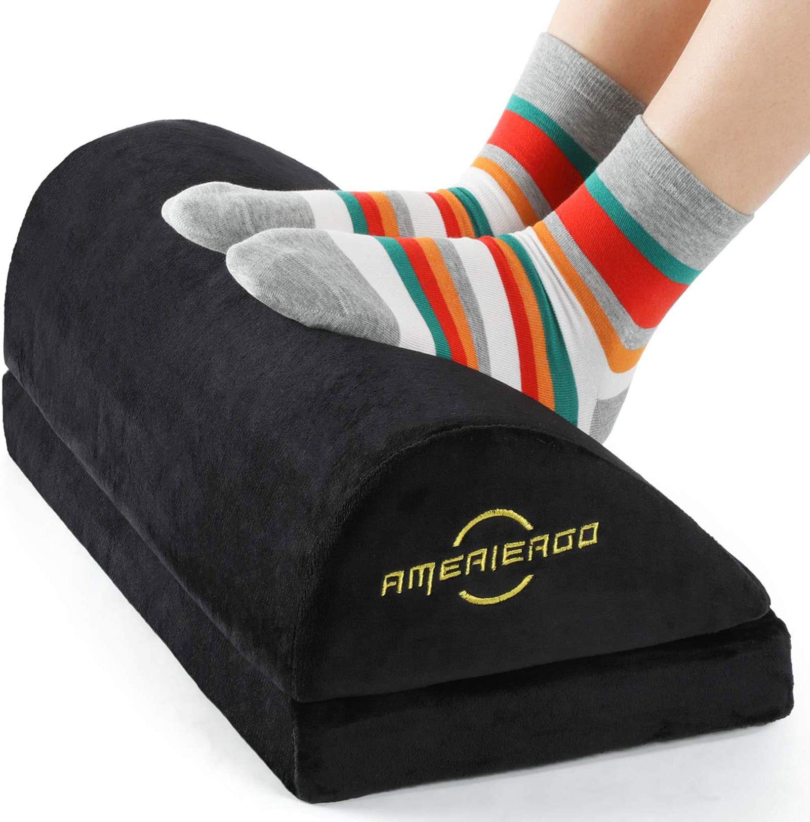 AMERIERGO Foot Rest for Under Desk at Work, Ergonomic Memory Foam Foot Stool Pillow for Home Office, Gaming, Computer - Desk Foot Rest with 2 Adjustable Heights and Breathable Washable Cover (Black) - 