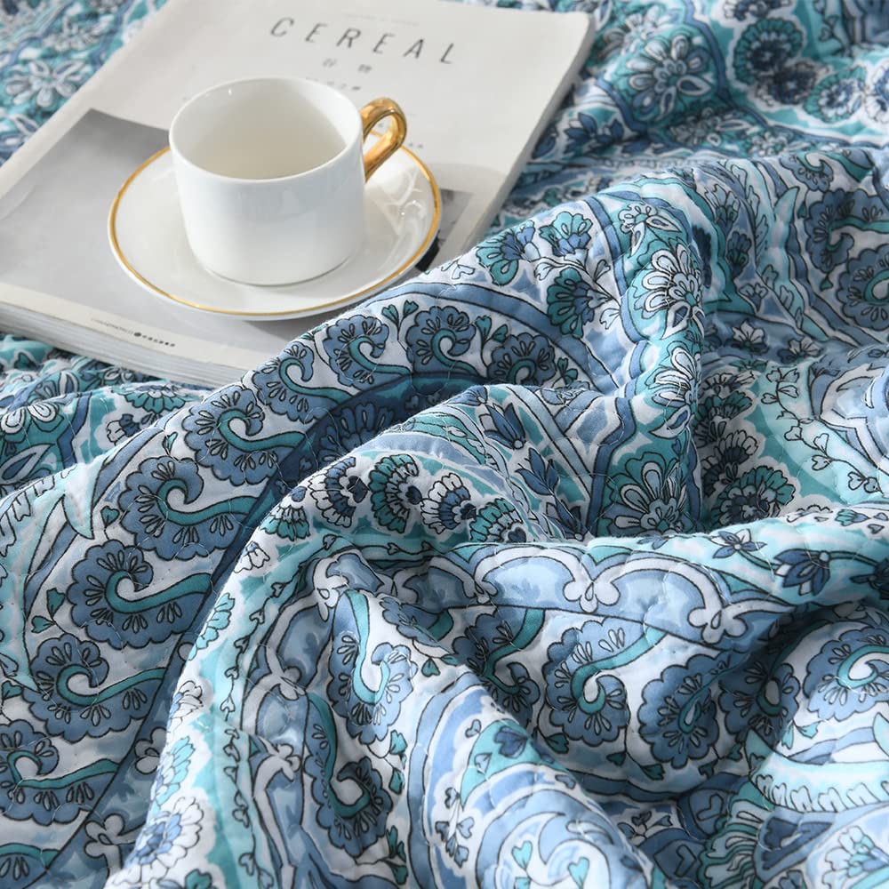 ENASAL Tagesdecke Bettdecke aus Baumwolle 220x240cm, Bettüberwurf 230x250cm für Doppelbett mit Blauen Paisley Blumen, Ganzjahresdecke Gesteppte Decke Steppdecke mit 2 Kissenbezug