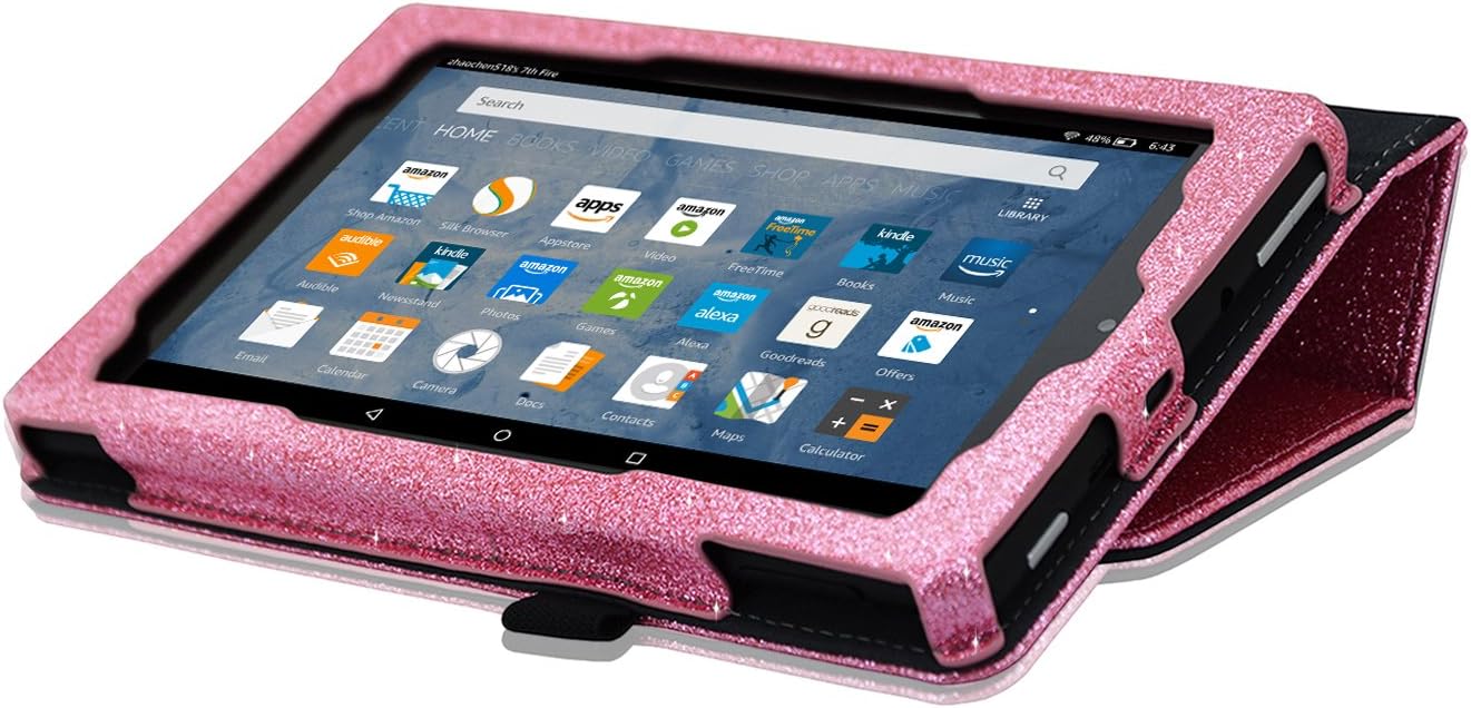 ACdream All-New Fire 7 Tablet (9th Generation, 2019 Release) Case, Premium Folio Leather Cover Case for Fire 7 Tablet 2019/2017/2015 Models with Auto Wake Sleep Feature, Glitter Pink