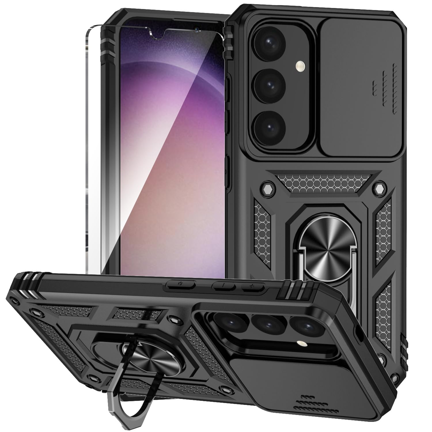 KEYUJIE for Galaxy S25 Case with Slide Camera Cover HD Screen Protector [Military Grade 16ft. Drop Tested] Magnetic Ring Kickstand Protective Phone