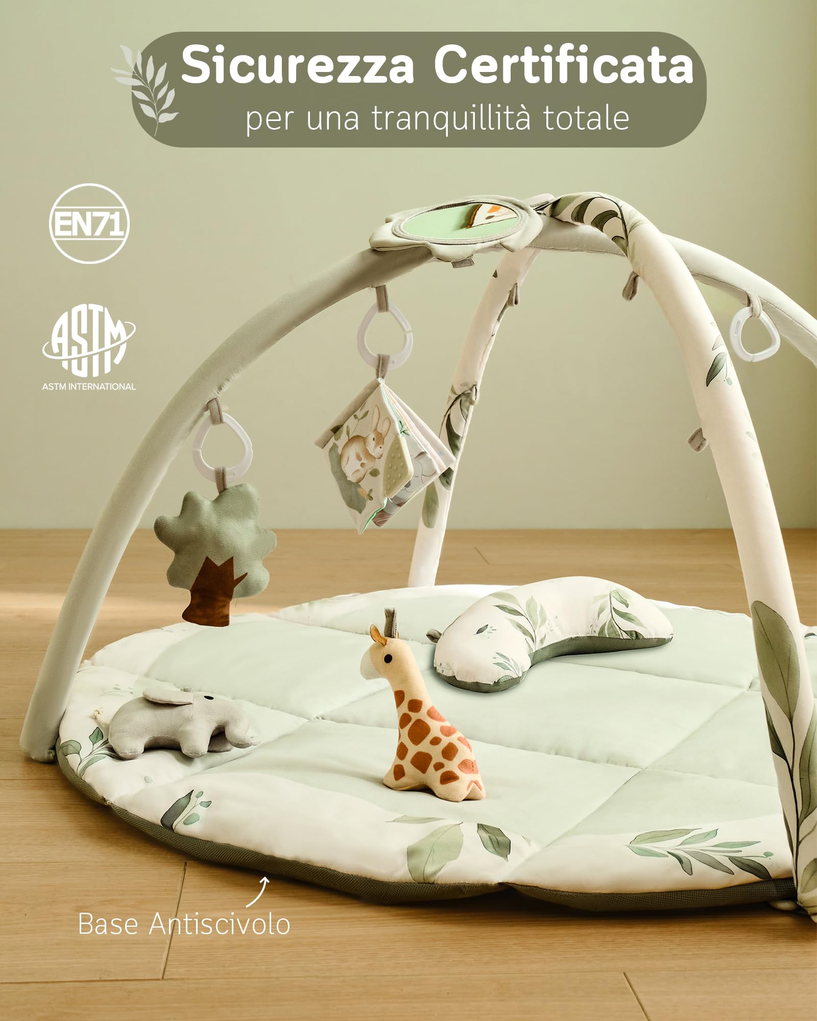 Fortella Palestrina Neonato Evolutiva Tappetino Gioco Attività 5 Giocattoli Sensoriali Specchio Cuscino 0-12 Mesi Verde