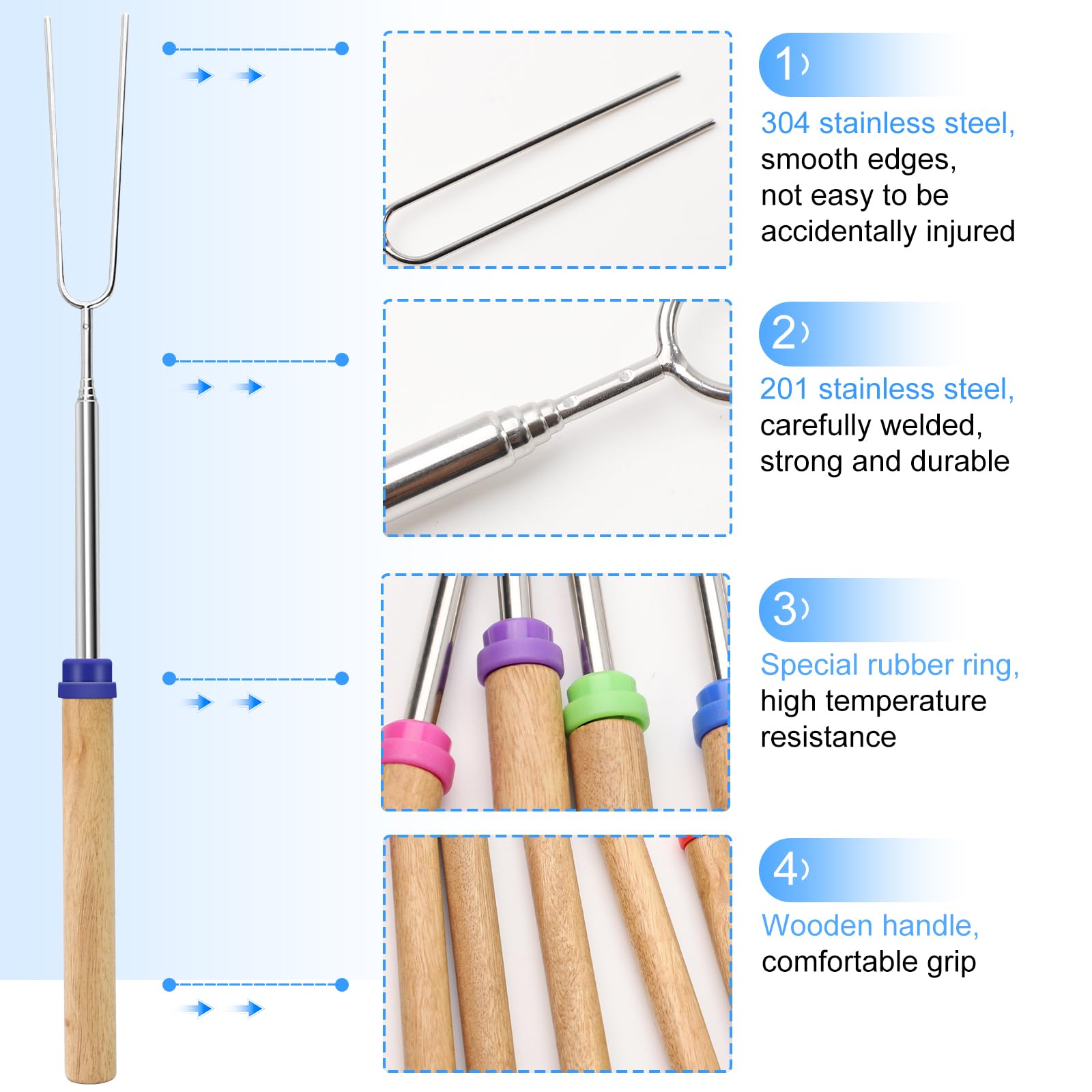 Marshmallow - Set di 8 forchette da barbecue con spazzole in silicone, forchetta estensibile con manico in betulla, forchetta estensibile a forma di U, per barbecue, campeggio, picnic (31-81 cm)