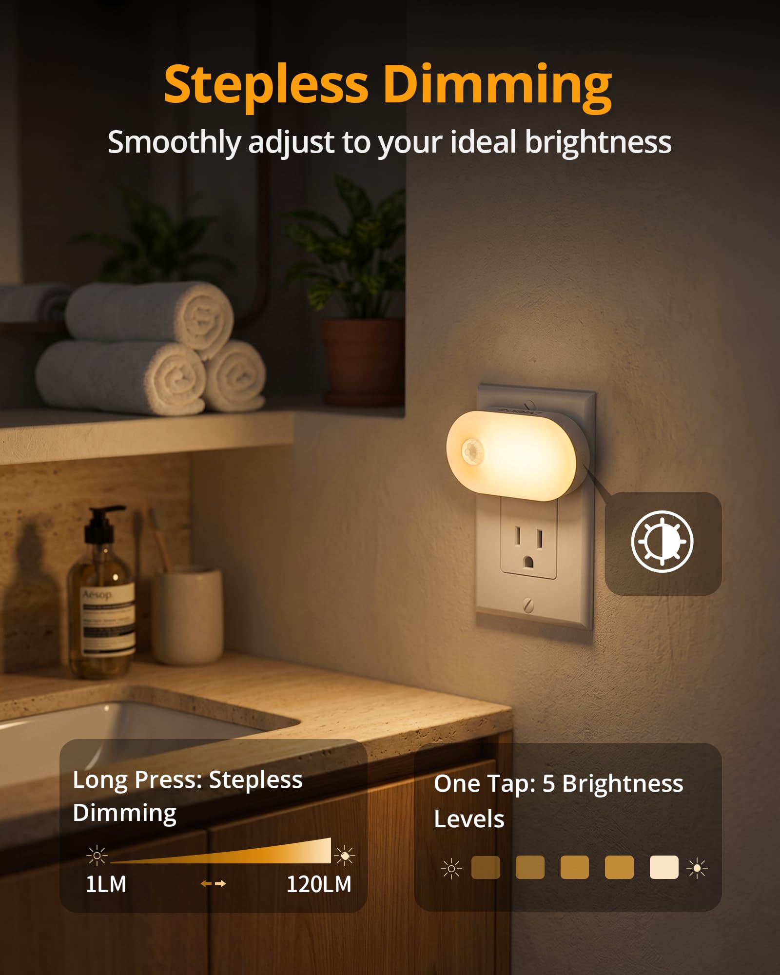LYRIDZ - Luz nocturna con sensor de movimiento, luz nocturna inteligente de 1 a 120 lm, luz blanca cálida LED con brillo ajustable continuo para dormitorio, cocina, escaleras, pasillo, paquete de 6