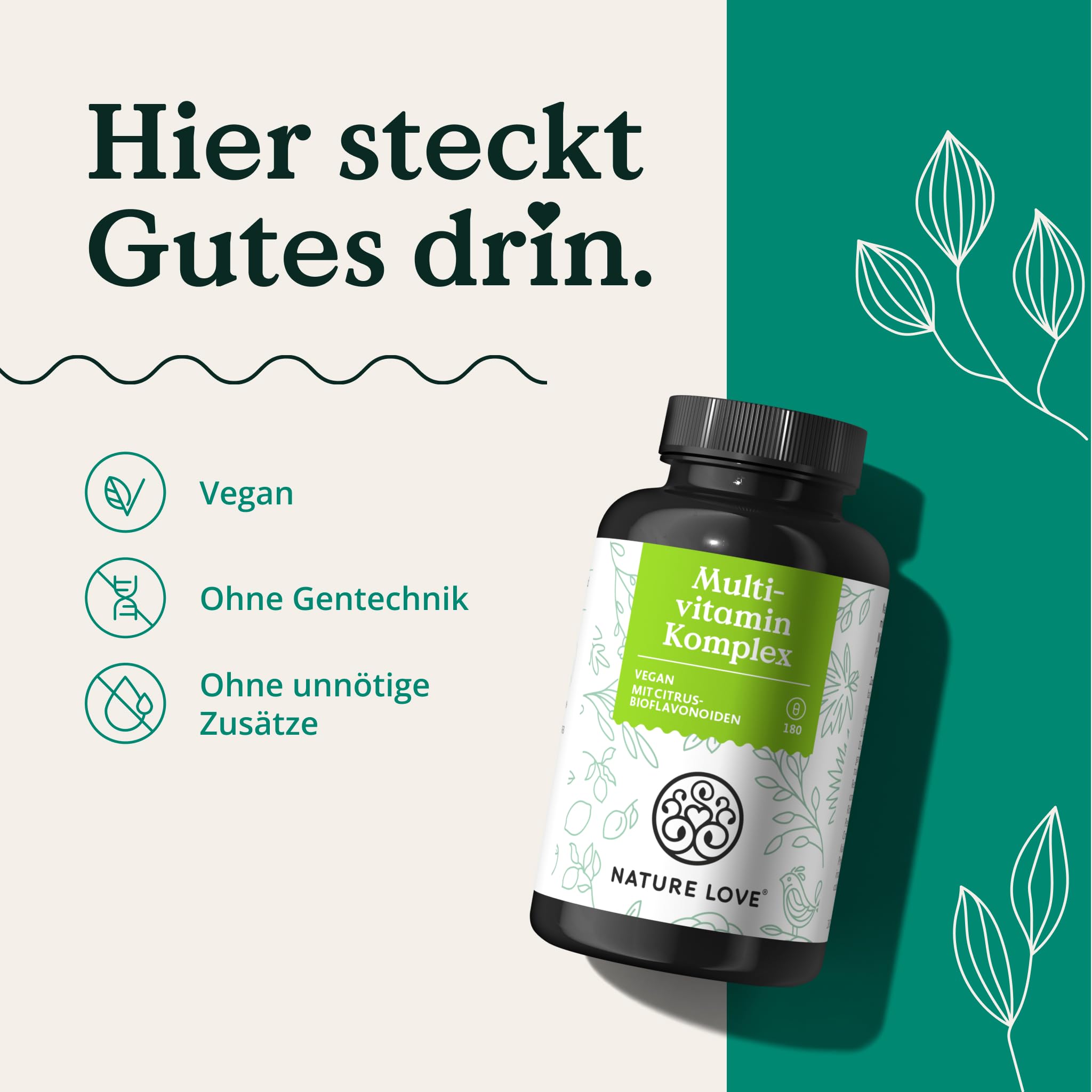 Nature Love Multivitamin Komplex – 180 vegane Kapseln – Vitamine A-Z & Mineralstoffe – mit Grünteeextrakt und Citrus-Bioflavonoiden – hochdosiert und mit Bioaktiv-Formen – laborgeprüft