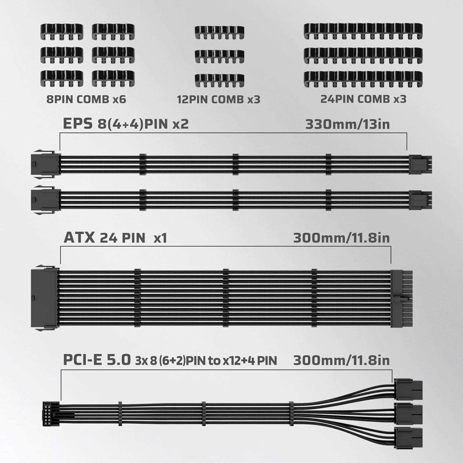 LTC 12VHPWR PSU Cable Extension Kit, 16AWG PCI-E 5.0 Power Supply PC Cable Extension, 1x 24 Pin ATX /2X 8Pin (4+4) EPS Cables / 3X (6+2P) to 12+4 Pin GPU, Soft Braided Sleeve Cable Combs, 300mm