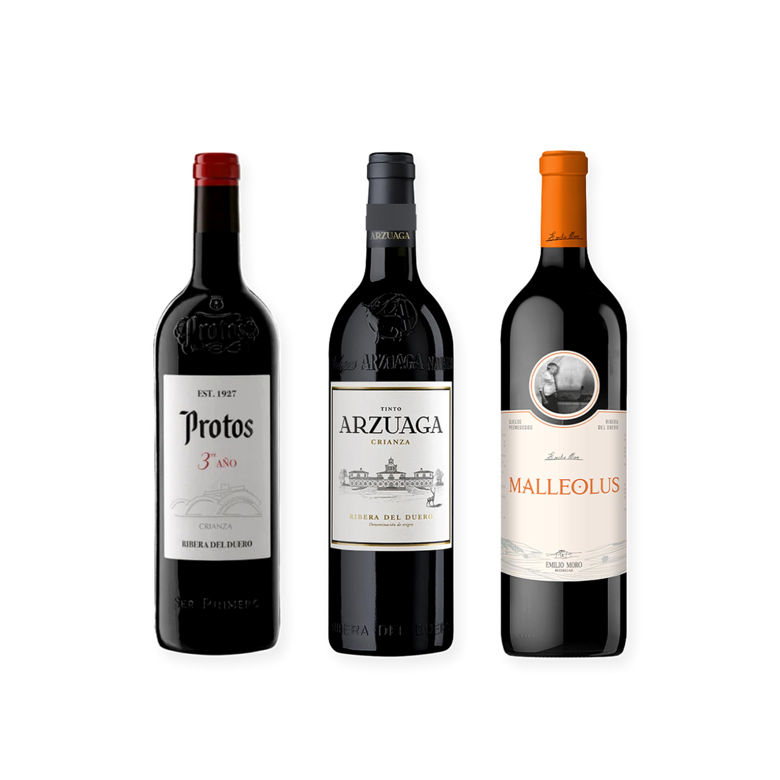 vino tinto Ribera del Duero Protos 3er Año, Arzuaga Crianza y Malleolus pack de 3 botellas 75 cl