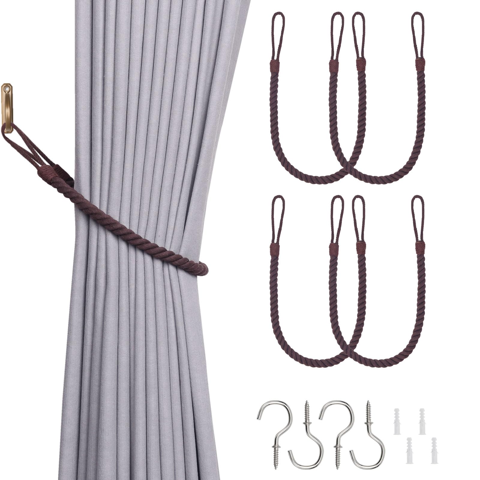 Pretty Jolly 4 Pack Natural Cotton Rope Curtain Tiebacks Boho Rustic Style Decorative Drape Tie Backs Hand-Woven Rope Curtain Holdbacks with Metal Hook for Home & Office Drapery (Cotton-Coffee)