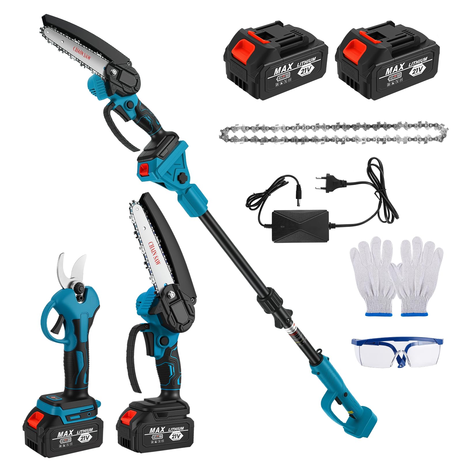 Podadora de pértiga inalámbrica 4 en 1 con mango telescópico - Motosierra de 6 pulgadas + tijera de podar de 32 mm + tijera de podar - Ángulo ajustable 180° - 2 baterías de 2,0 Ah para corte de árbole