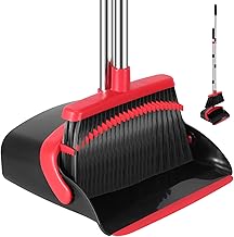 NACENA Broom and Dustpan Set, 52-in Long Adjustable Handle Broom Dustpan Combo with Dustpan Teeth to Automatically Clean Hair Suitable for Home Kitchen Office Hall Floor（Black&Red）