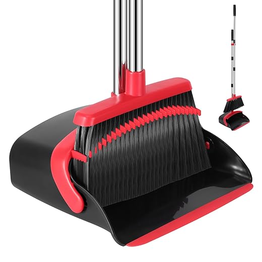 NACENA Broom and Dustpan Set, 52-in Long Adjustable Handle Broom Dustpan Combo with Dustpan Teeth to Automatically Clean Hair Suitable for Home Kitchen Office Hall Floor（Black&Red）