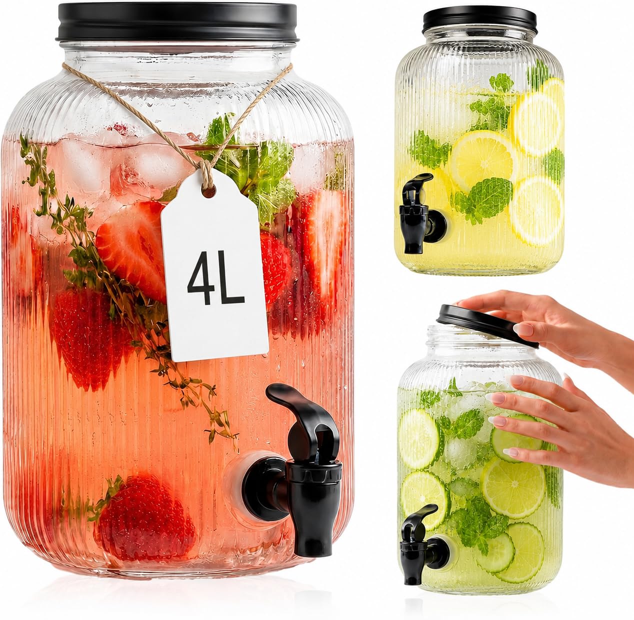 Distributeur de boissons en verre 4 l avec robinet – nervuré, pour limonade, eau, jus et boissons (noir/acier inoxydable noir)