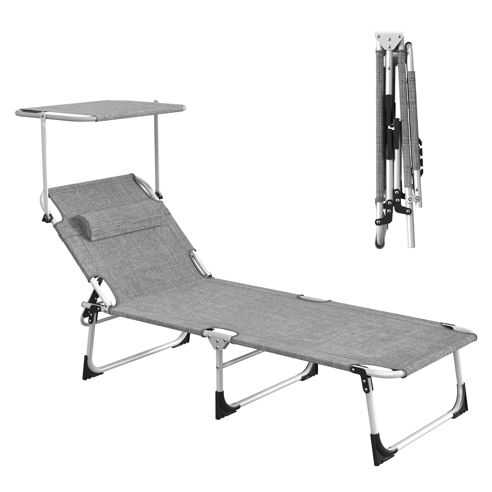 Chaise Longue Pliante，Bain de Soleil Jardin Exterieur，69*195*29CM,Transat de Plage Pliable avec Pare Soleil、Dossier Inclinable et Pochette，Fauteuil Relax，Chaise de Camping Piscine，Gris
