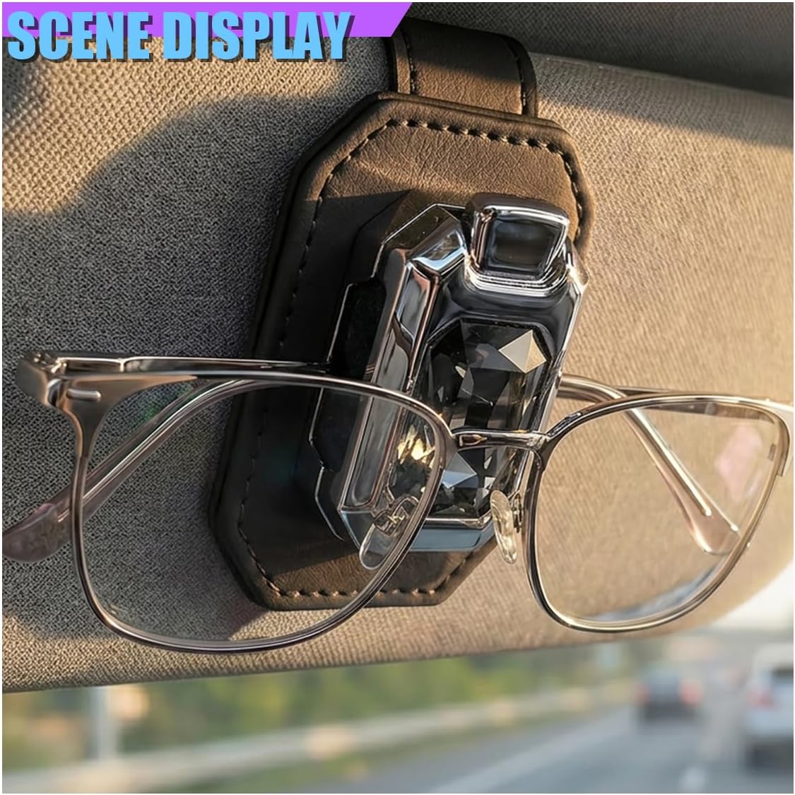 2PCS Sunglass Holder for Car Sun Visor, Leather One Handed Operation Eyeglass Hanger Clip, Universal Auto Interior Storage Organizer Accessories for Car SUV Truck(Crystal) image 5