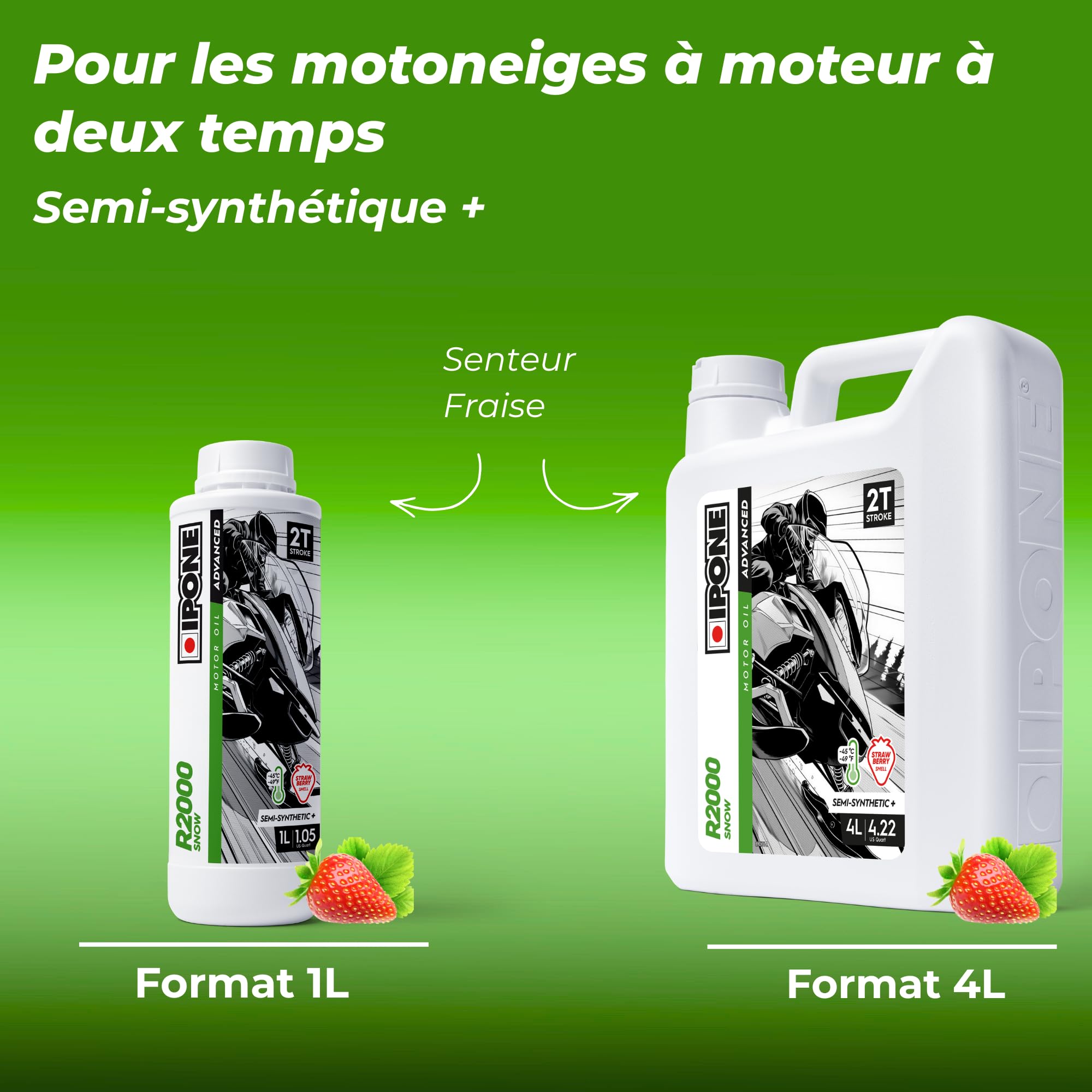 IPONE – Aceite de Motor para Moto de Nieve 2 Tiempos R2000 Snow – Aroma Fresa - Bidón dosificador 4 Litro - Semisintético+ - Limpieza garantizada del motor - Protección óptima a temperaturas extremada