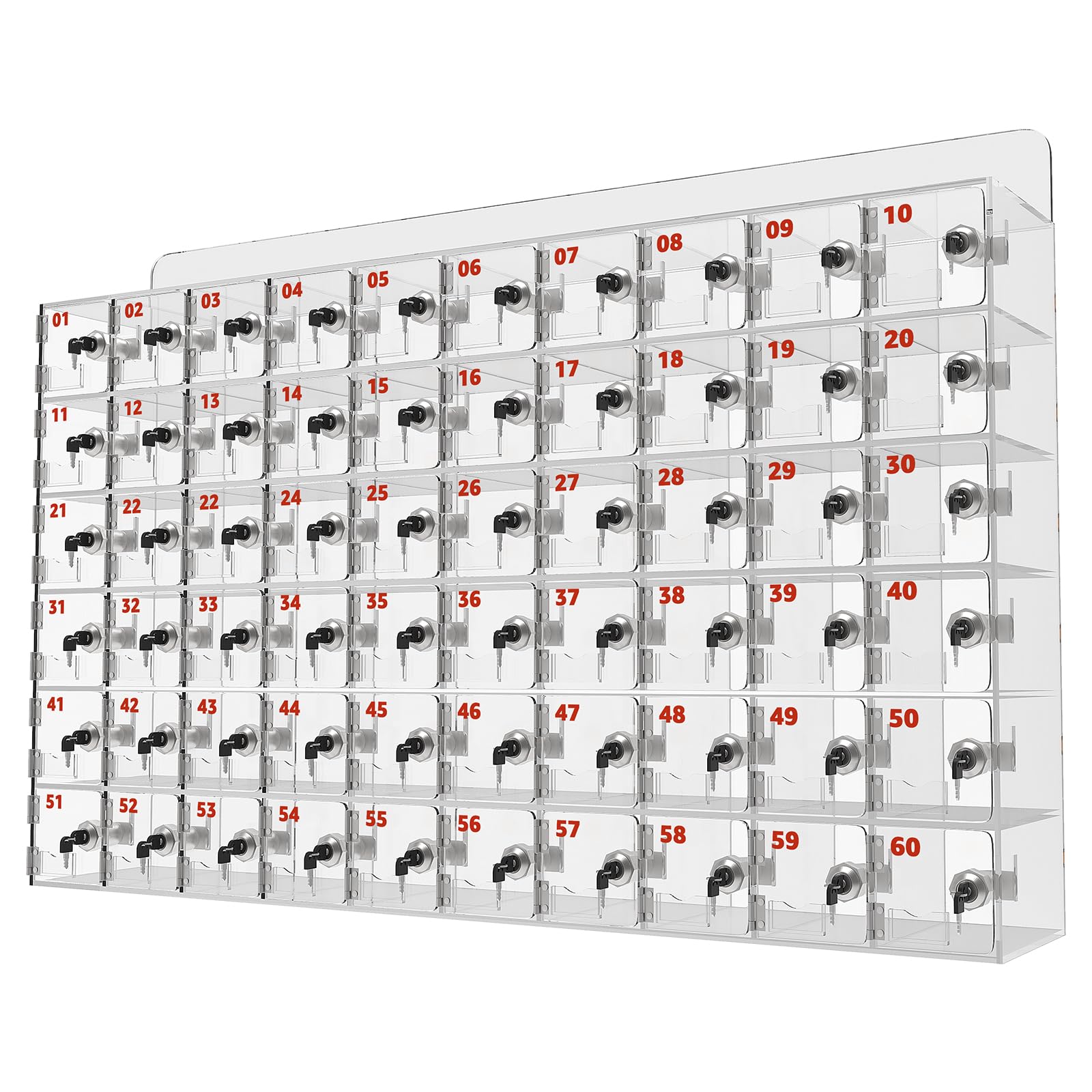 Cell Locker 60-Slot Acrylic Clear Storage Box with Independent Keys and Locks, Wall-Mounted Phone Storage Cabinet for Office, Classroom, School, Gym, Swimming Pool