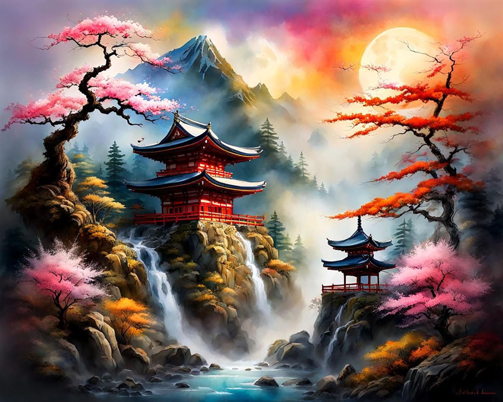 Paint By Numbers for Adults Japanese Garden Landscape Bridge Mountain Without Frame 40X50CM Acrylic Paint By Numbers Kits Canvas for Kids Beginners,DIY Oil Painting Kit Landscape,C10