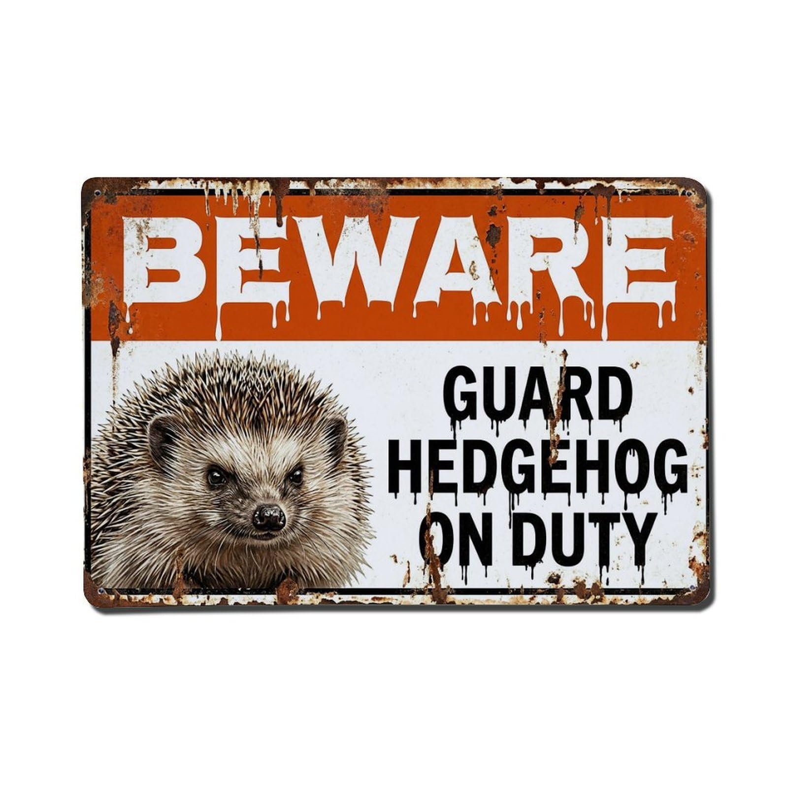 Vintage Funny Hedgehog Guard Beware of Pet Pathway Metal Tin Sign Plaque Wall Decor for Cafe, Club Bar, Office, Garden Metal Poster 8x12Inch