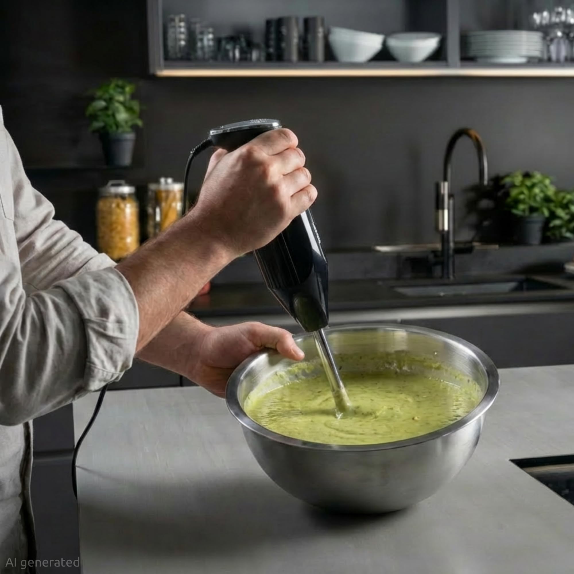 bamix Frullatore a immersione M350 MAXX incl. lama multiuso, per carni e verdure, frusta, frullino in acciaio inox, 300 watt, 2 velocità, Made in Switzerland, Nero/cromo