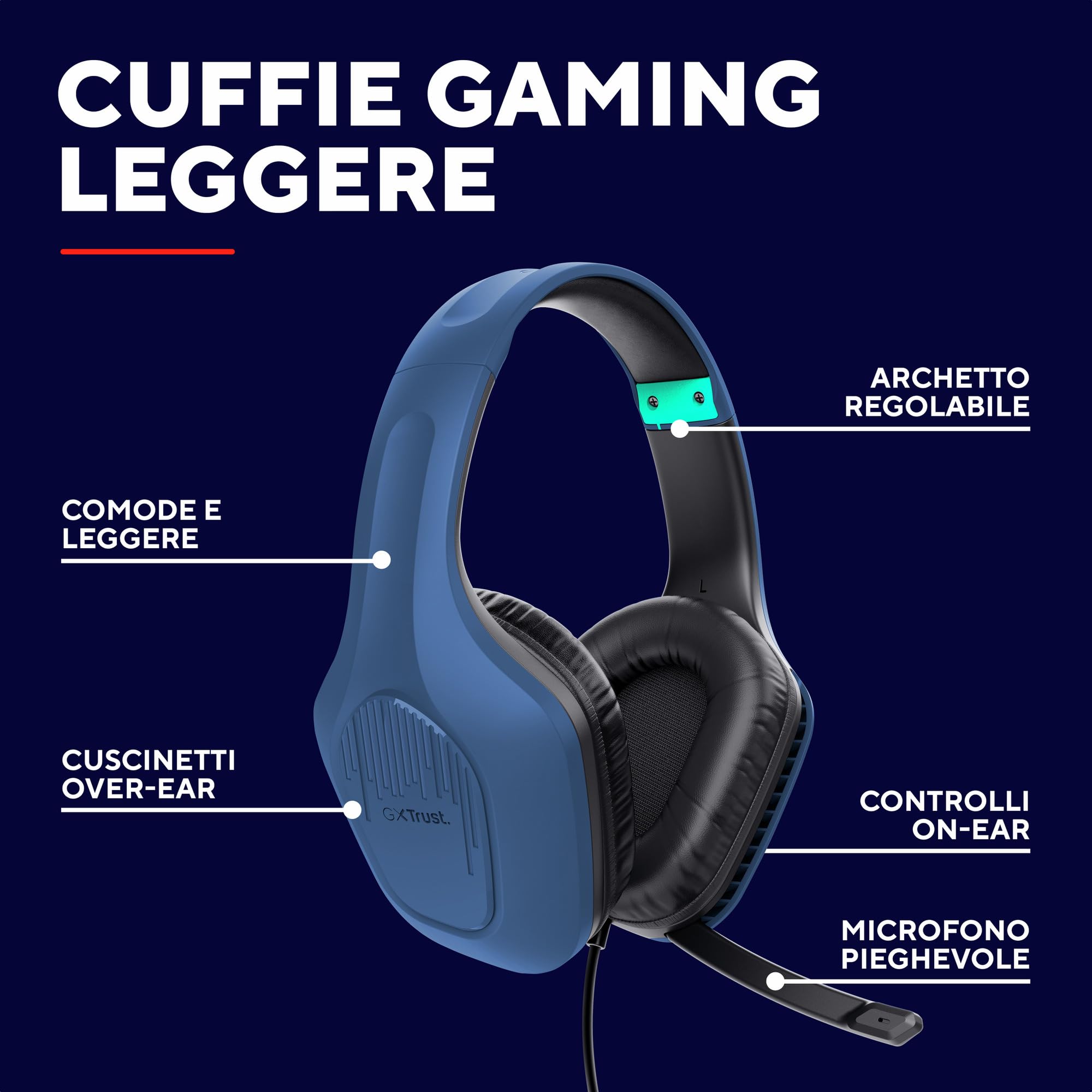Trust Gaming GXT 418B Rayne Cuffie Gaming Leggere per PC Xbox PS4 PS5 Switch Mobile, Driver da 50 mm, Jack Audio 3.5 mm, Cavo 2m, Cuffie con Microfono Over-Ear, Blu