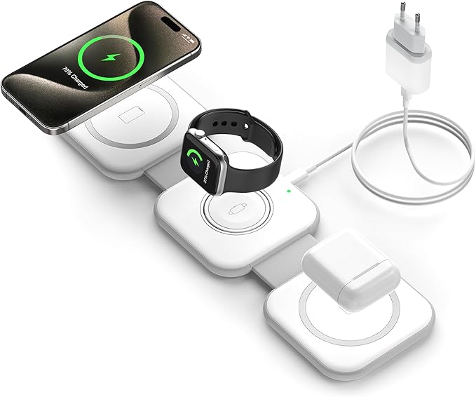 Cargador Inalambrico iPhone - 3 en 1 Plegable Base de Carga Inalámbrico for iPhone 17/16/15/14/13/Pro/Max/Plus, Watch Ultra 10, Earbuds, Wireless Charger Magsafe con 20W Enchufe y Cable 1M TMKUHOR
