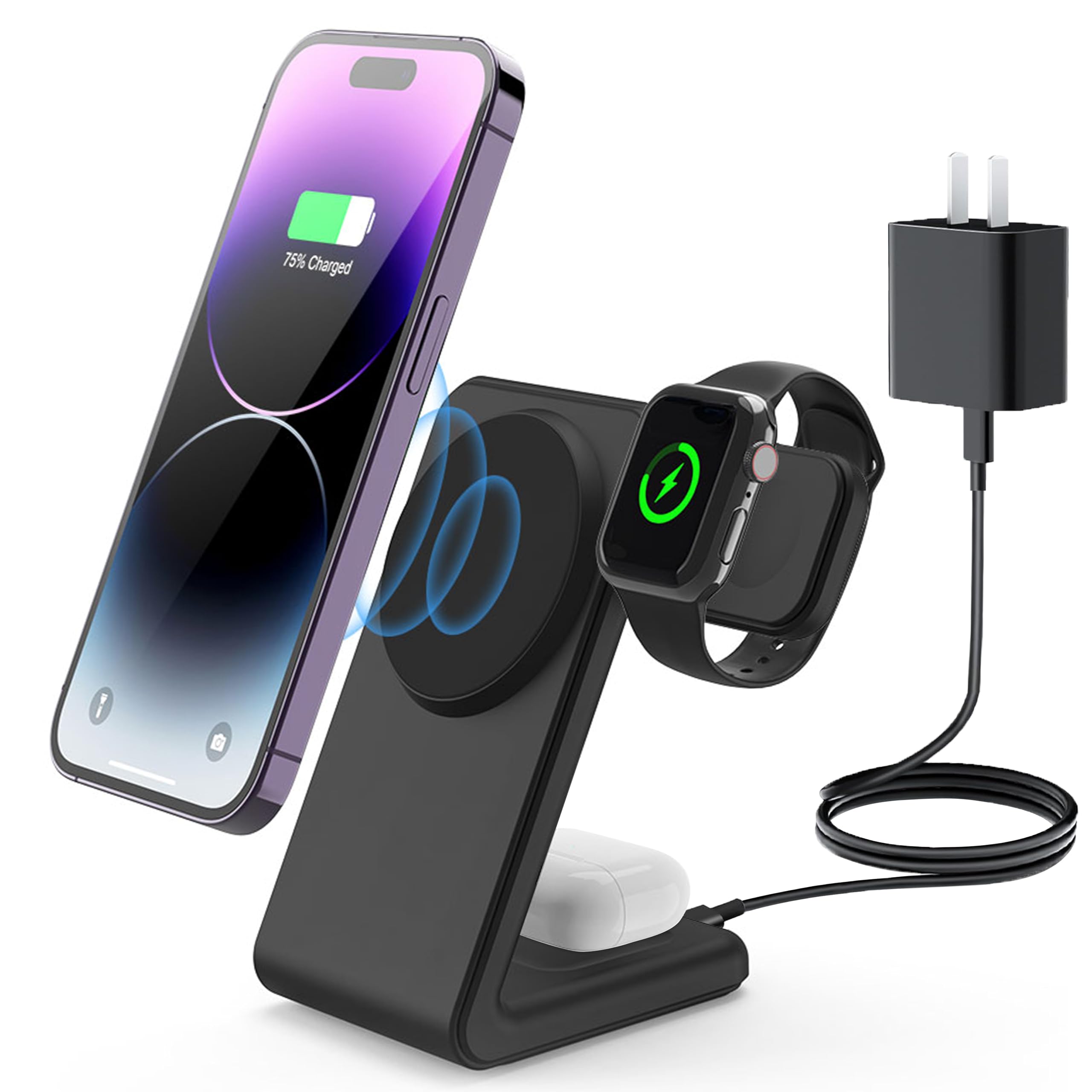 3-in-1 Wireless Charger,Magnetic Fast Charger Stand with 18w U.S. standard Adapter for iPhone15/14/13/12Series,Apple Watch 8/9/Ultra1/2/SE/2-9AirPods
