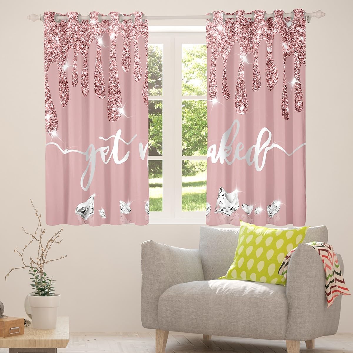Feelyou Get Naked Curtains for Bedroom (2 Panels, 38 x 45 Inch) Silver Glitter Luxury Diamond Blackout Curtains Boys Girls Rhinestone Crystal Dark Pink Darkening Drapes Modern Art(No Glitter) image 5