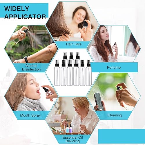 Miniatura 7 de Layhit 100 botellas pequeñas de aerosol de 4 onzas / 4.1 fl oz de plástico transparente con 5 embudos pequeños, mini botellas vacías de niebla fina